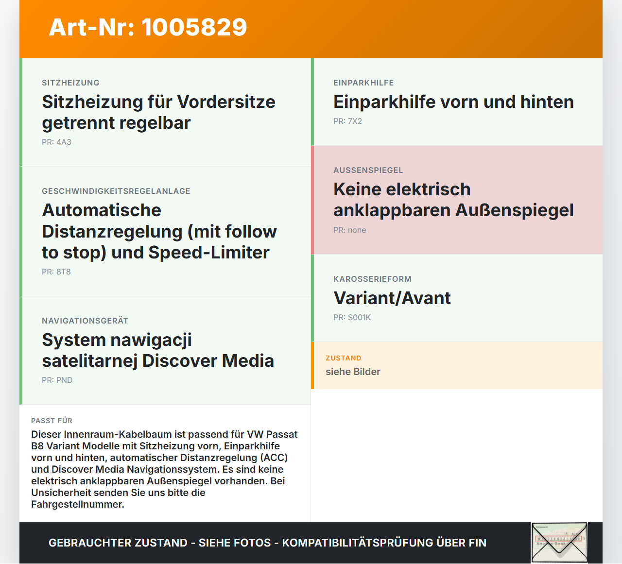 VW Passat 3G B8 14-19 Kabelbaum Innen VW Passat 3G B8 14-19 31.01.2018 3G0971641B gebraucht Vorschau 3