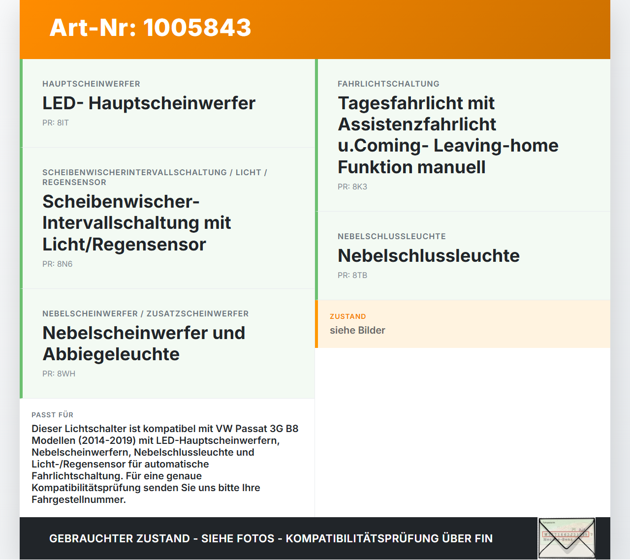 VW Passat 3G B8 14-19 Lichtschalter Schalter VW Passat 3G B8 14-19 31.01.2018 3G0941633H gebraucht Vorschau 3