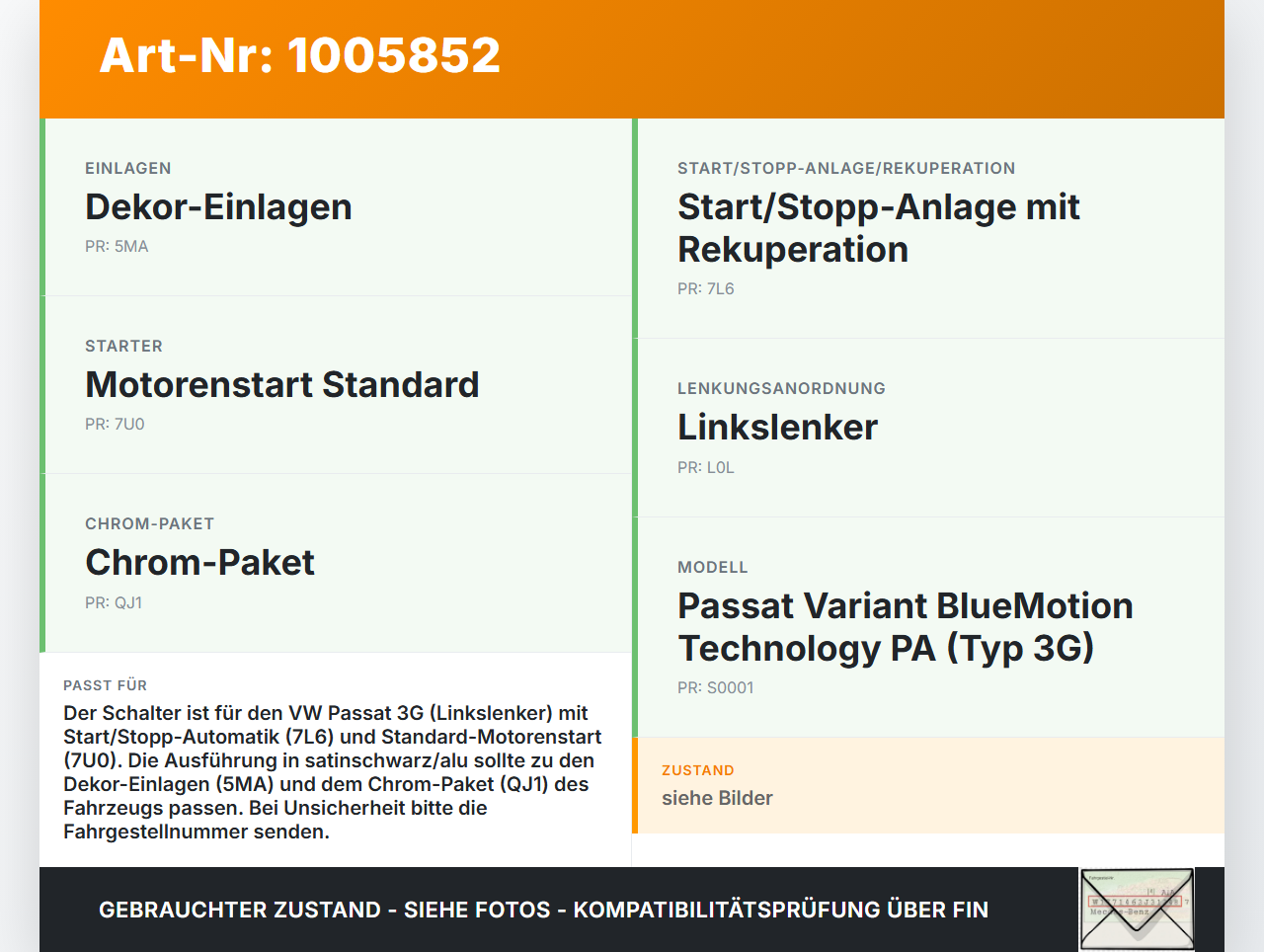VW Passat 3G B8 14-19 Schalter Start Stop Engine satinschwarz/alu VW Passat 3G B8 14-19 31.01.2018 3G1959839 gebraucht Vorschau 3