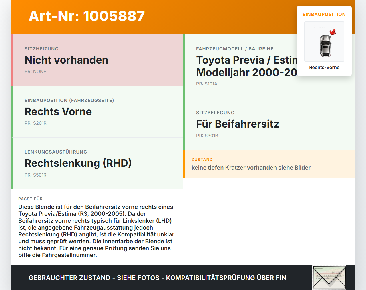 Toyota Previa Estima R3 00-05 Blende Seitenverkleidung für Beifahrer Sitz Rechts Vorne Toyota Previa Estima R3... Vorschau 3