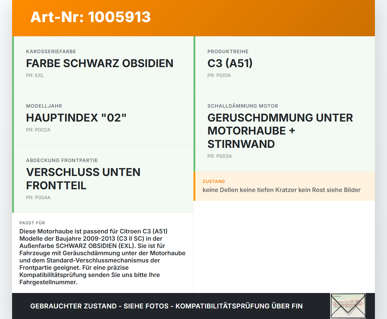 Citroen C3 II SC 09-13 Motorhaube Frontklappe Haube EXL Citroen C3 II SC 09-13 03.05.2011 7901R1 gebraucht Vorschau 3