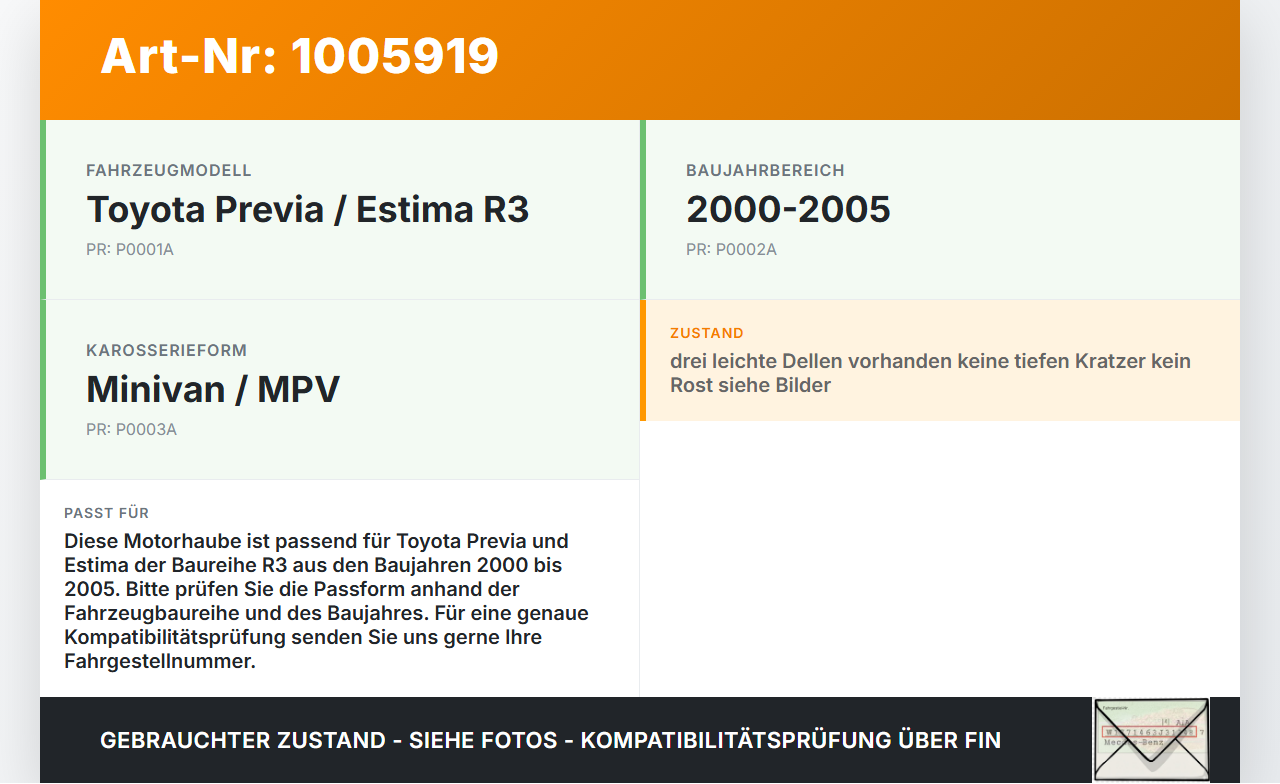 Toyota Previa Estima R3 00-05 Motorhaube Frontklappe Haube 025 Toyota Previa Estima R3 00-05 01.07.2000 gebraucht Vorschau 3