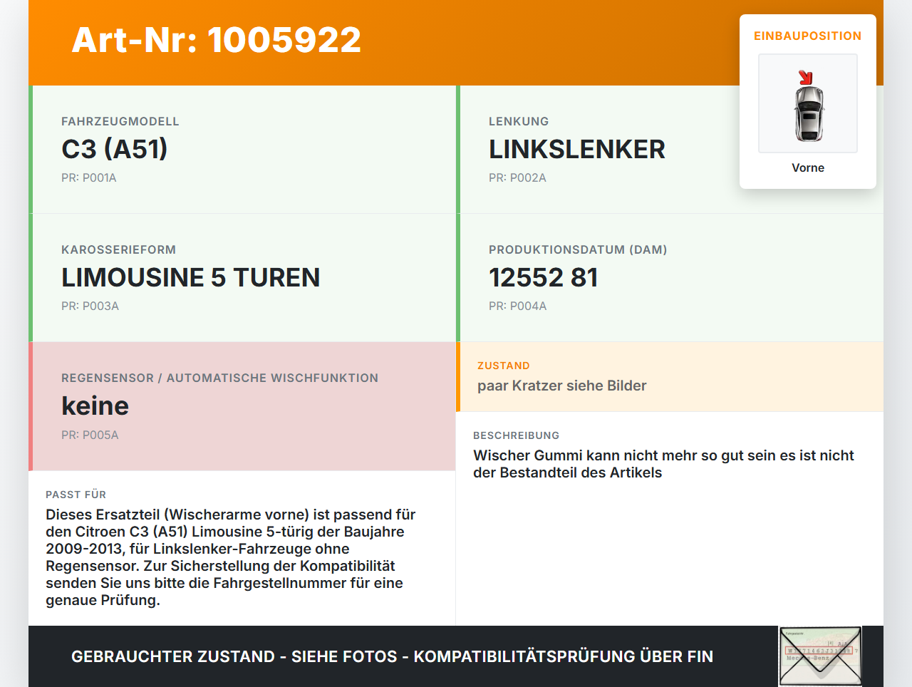 Citroen C3 II SC 09-13 2x Scheibenwischer Wischarm Vorne Citroen C3 II SC 09-13 03.05.2011 6429GT gebraucht Vorschau 3