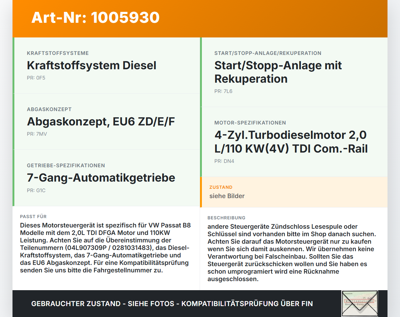 VW Passat 3G B8 14-19 2,0 110KW Steuergerät ECU für Motor Motorsteuergerät VW Passat 3G B8 14-19 31.01.2018... Vorschau 3