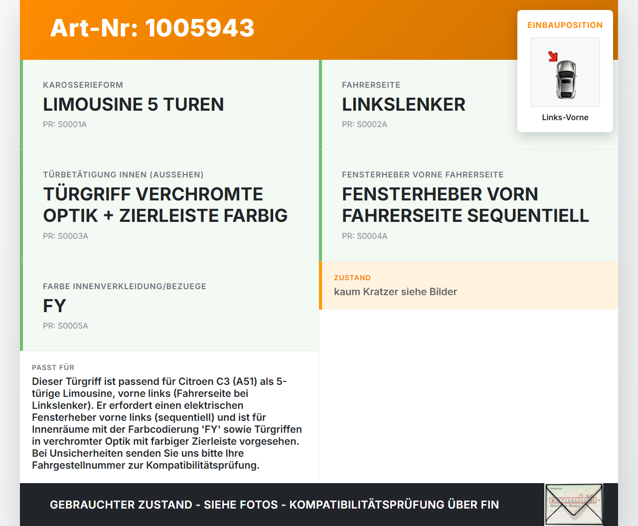 Citroen C3 II SC 09-13 5T Türgriff Griff Griffmuschel Innen Links Vorne Citroen C3 II SC 09-13 03.05.2011... Vorschau 3