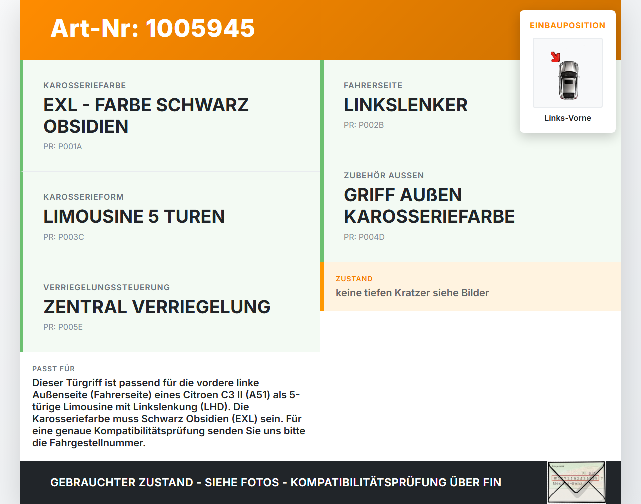 Citroen C3 II SC 09-13 5T Türgriff Griff aussen Links Vorne EXL Citroen C3 II SC 09-13 03.05.2011 9109A7 gebraucht Vorschau 3