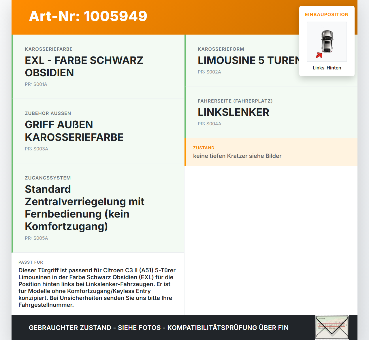 Citroen C3 II SC 09-13 5T Türgriff Griff aussen Links Hinten EXL Citroen C3 II SC 09-13 03.05.2011 gebraucht Vorschau 3