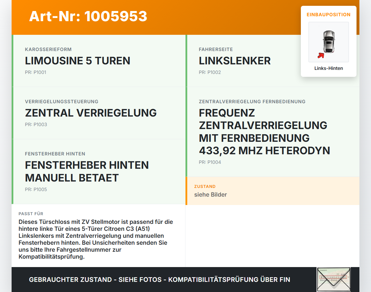 Citroen C3 II SC 09-13 5T Türschloss m. ZV Stellmotor Links Hinten Citroen C3 II SC 09-13 03.05.2011 732314 A04095... Vorschau 3