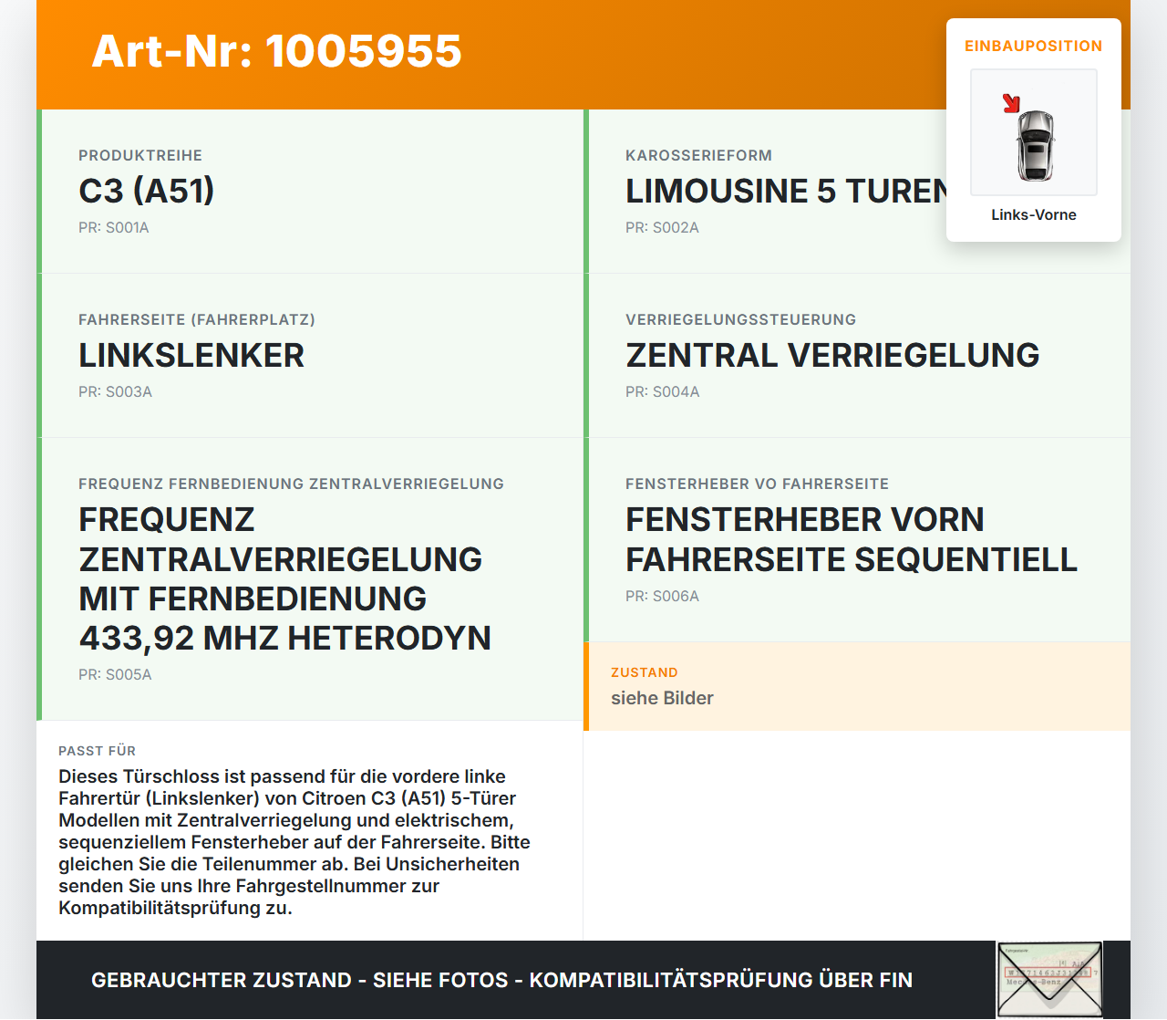 Citroen C3 II SC 09-13 5T Türschloss mit ZV Stellmotor Links Vorne Citroen C3 II SC 09-13 03.05.2011 732306 A04088... Vorschau 3
