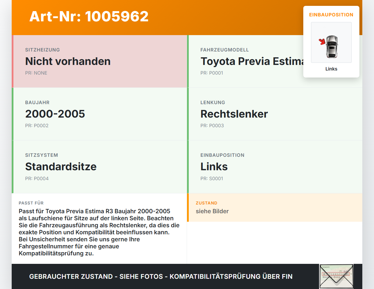 Toyota Previa Estima R3 00-05 Laufschiene Bodenschiene für Sitze Links Toyota Previa Estima R3 00-05 01.07.2000... Vorschau 3