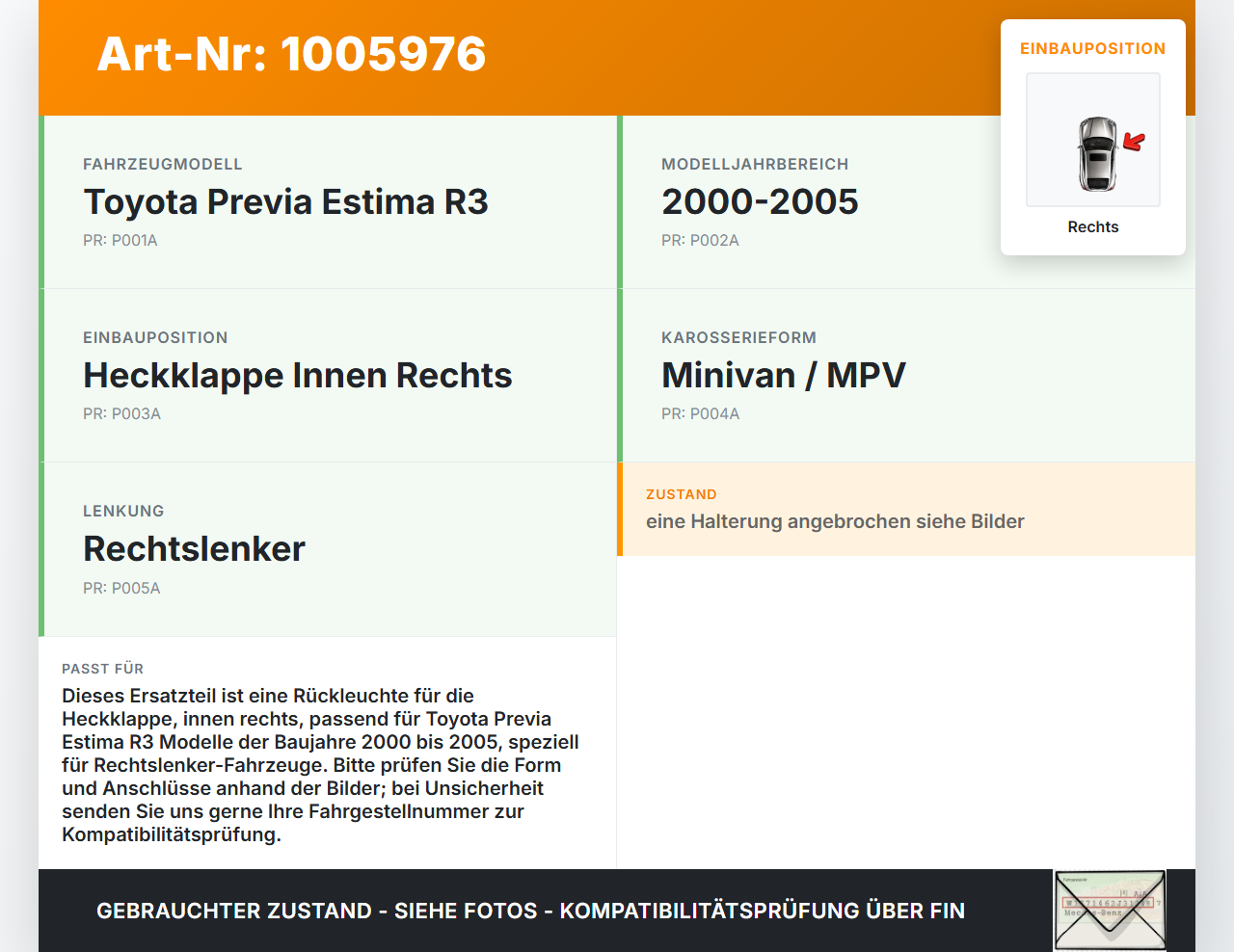 Toyota Previa Estima R3 00-05 Rückleuchte Heckleuchte für Klappe Innen Rechts Toyota Previa Estima R3 00-05... Vorschau 3