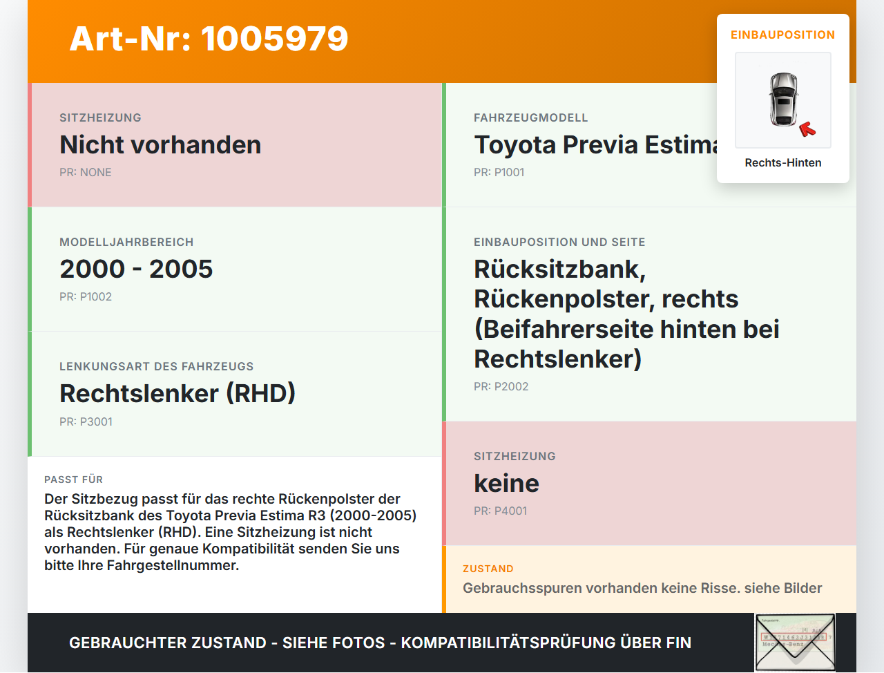 Toyota Previa Estima R3 00-05 Sitzbezug Rückenpolster Rechts für Rücksitzbank Hinten Toyota Previa Estima R3 00-05... Vorschau 3