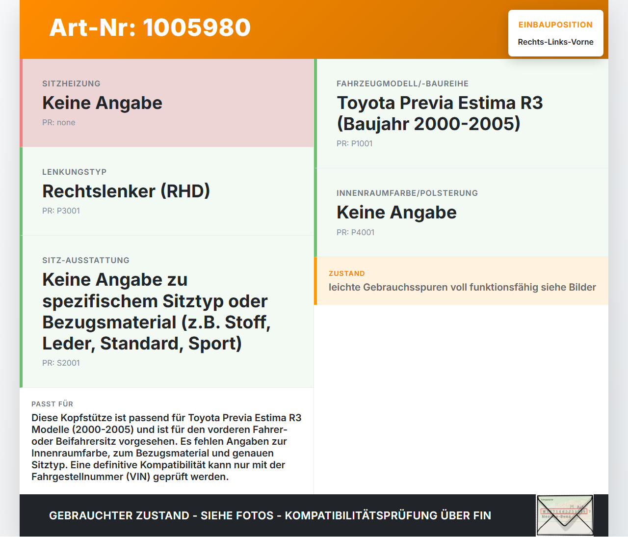 Toyota Previa Estima R3 00-05 Kopfstütze für Fahrer Sitz Rechts oder Links Vorne Toyota Previa Estima R3 00-05... Vorschau 3