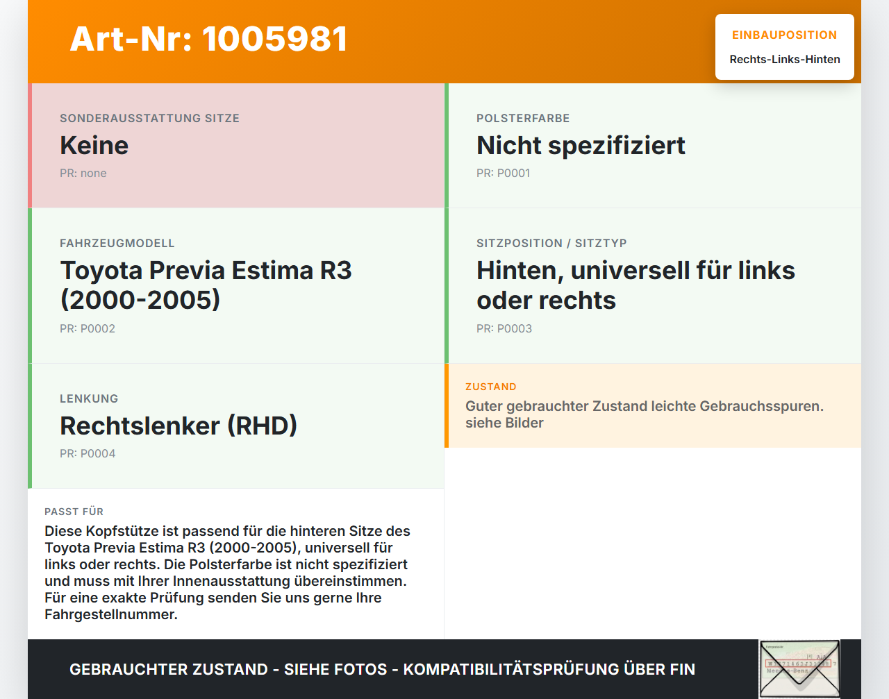 Toyota Previa Estima R3 00-05 Kopfstütze Rechts oder Links Hinten Toyota Previa Estima R3 00-05 01.07.2000 gebraucht Vorschau 3