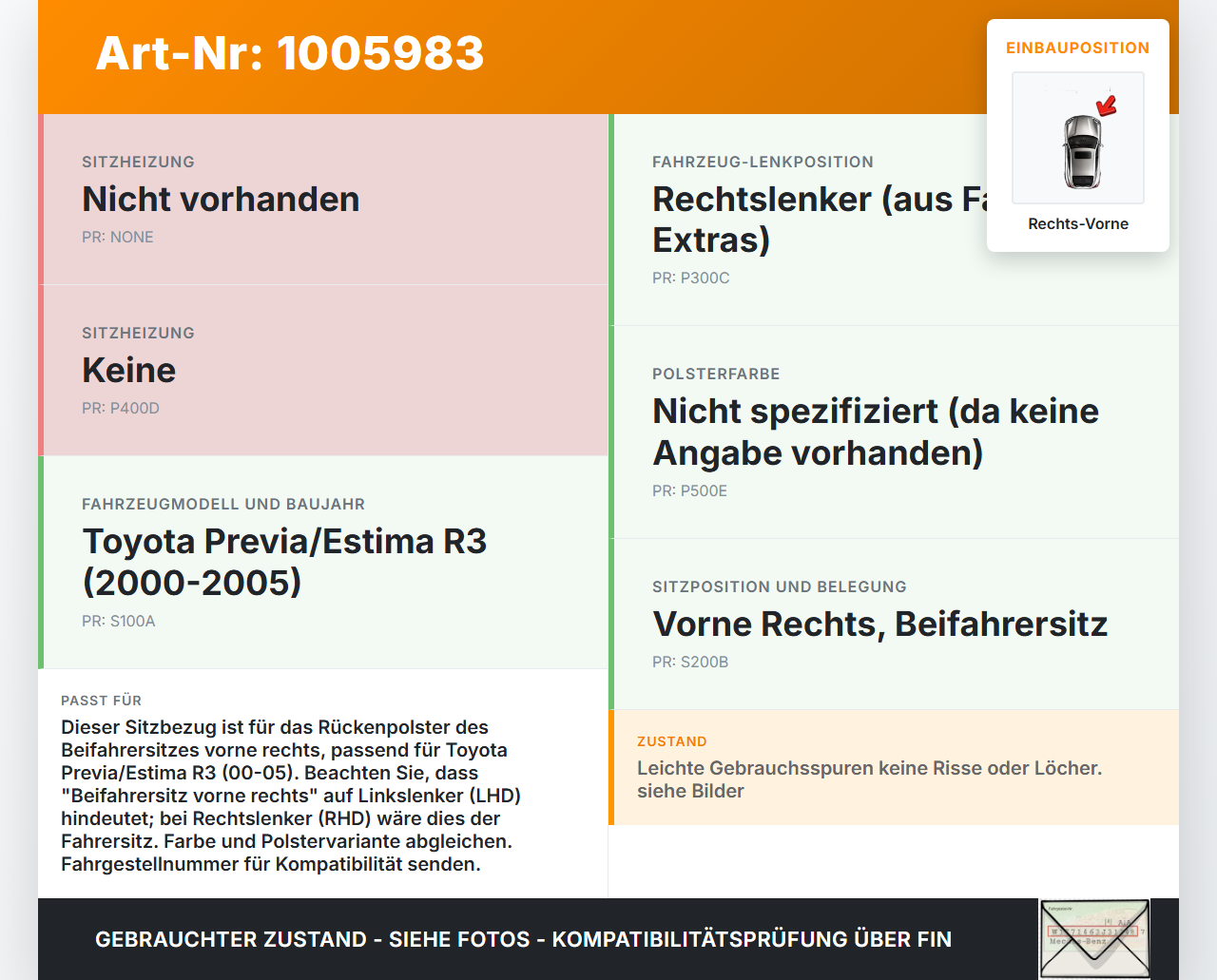 Toyota Previa Estima R3 00-05 Sitzbezug Rückenpolster Rechts Vorne für Beifahrer Sitz Toyota Previa Estima R3 00-05... Vorschau 3