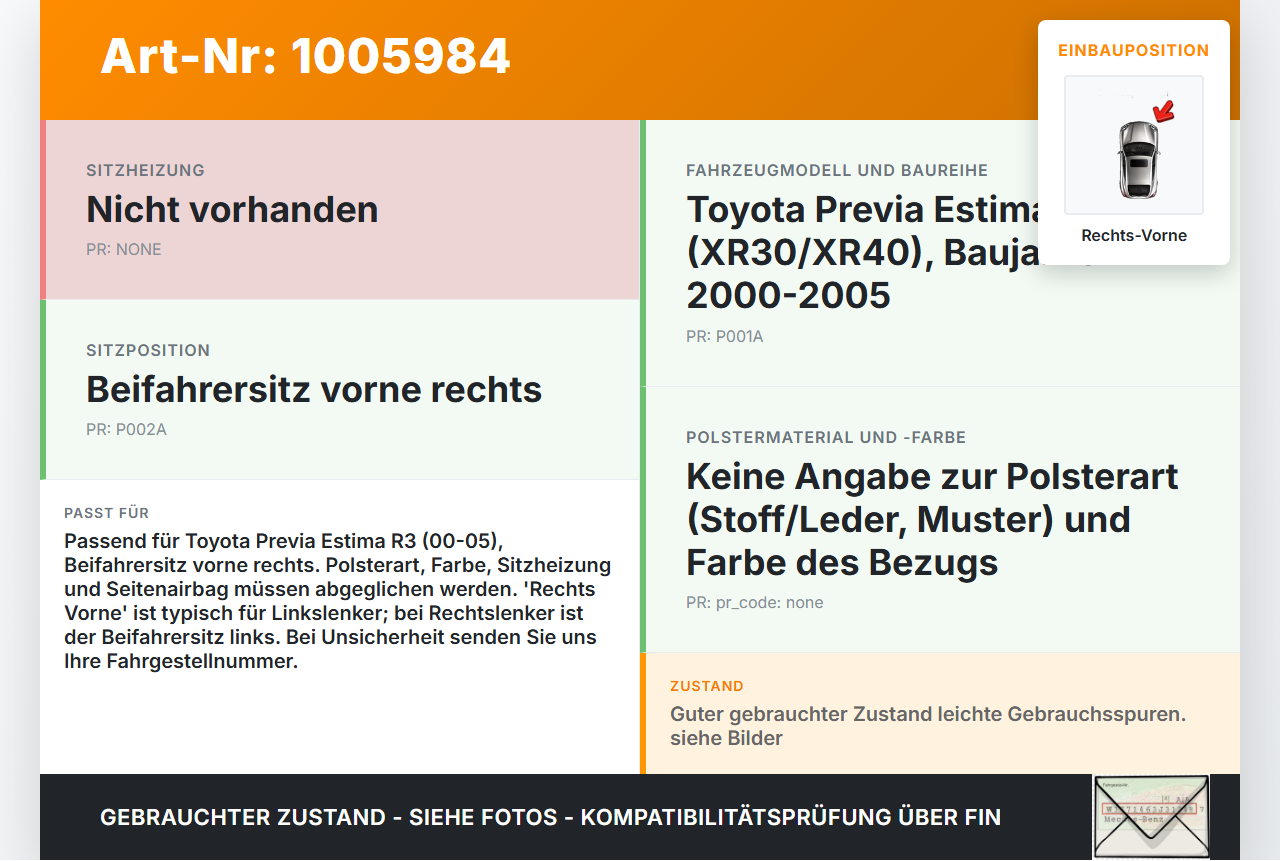 Toyota Previa Estima R3 00-05 Sitzbezug Sitzpolster für Beifahrersitz Rechts Vorne Toyota Previa Estima R3 00-05... Vorschau 3