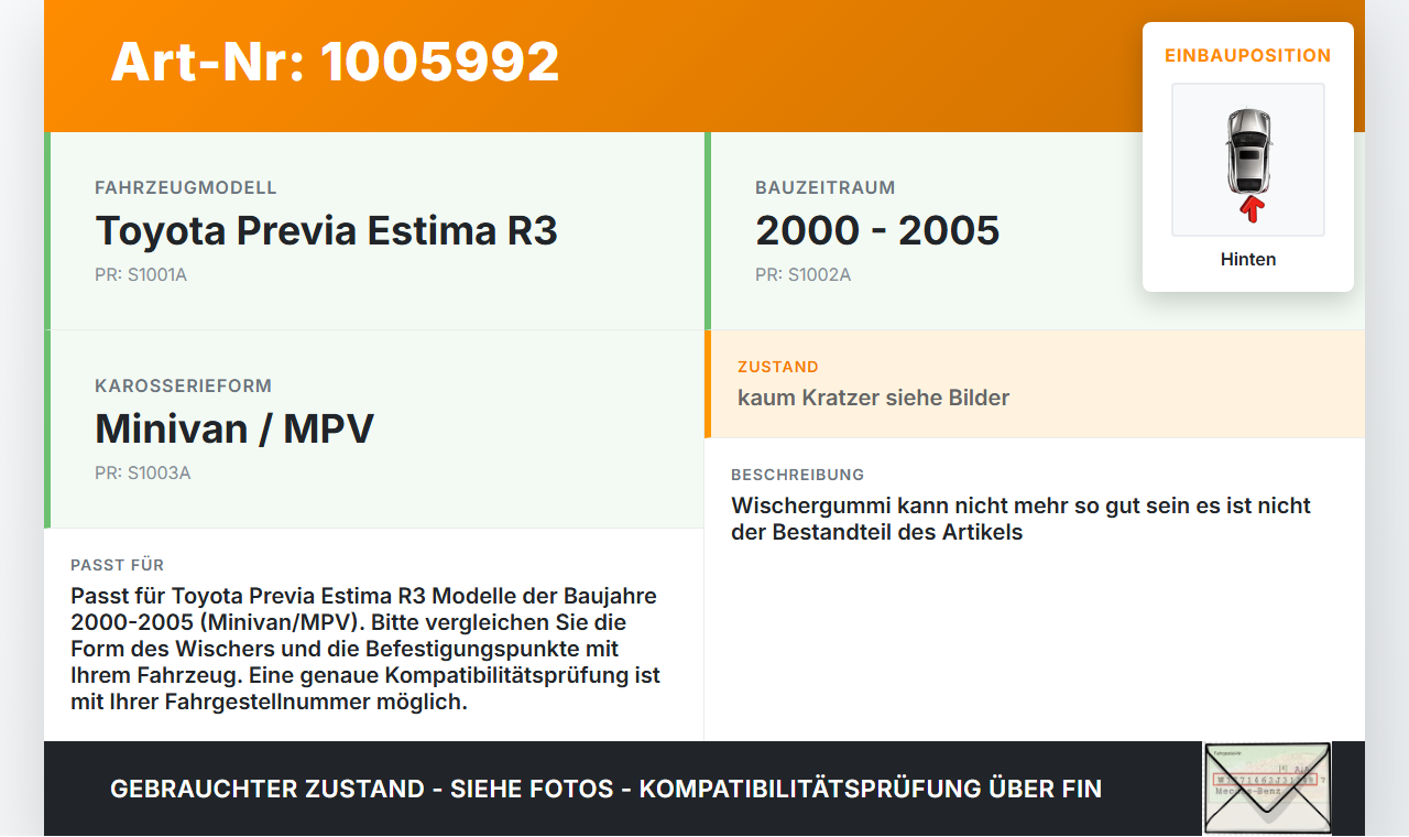 Toyota Previa Estima R3 00-05 Heckwischer Scheibenwischer Hinten Wischarm Toyota Previa Estima R3 00-05 01.07.2000... Vorschau 3