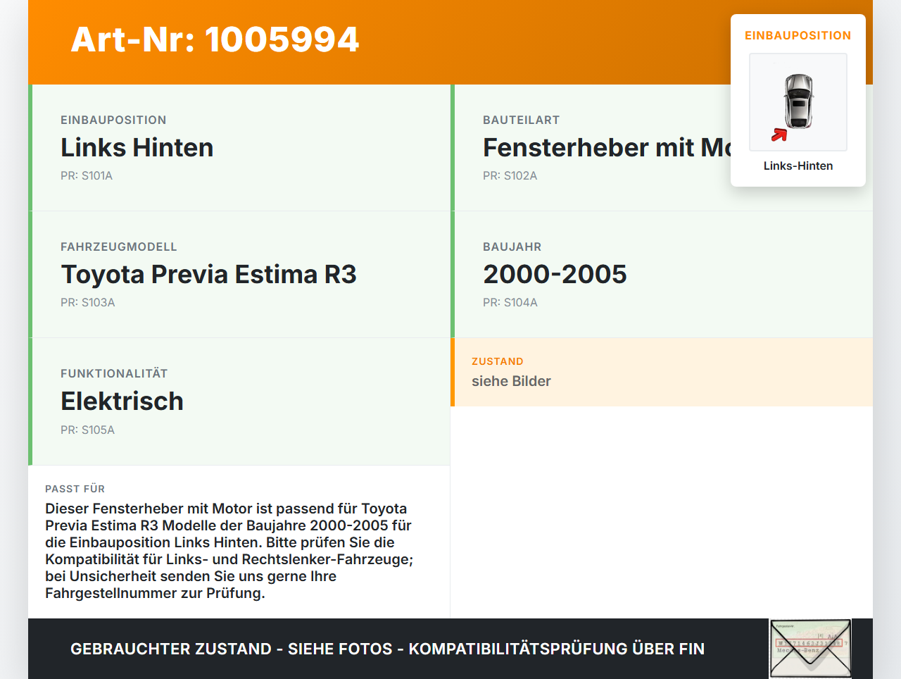 Toyota Previa Estima R3 00-05 Fensterhebermotor mit Fensterheber Links Hinten Toyota Previa Estima R3 00-05... Vorschau 3
