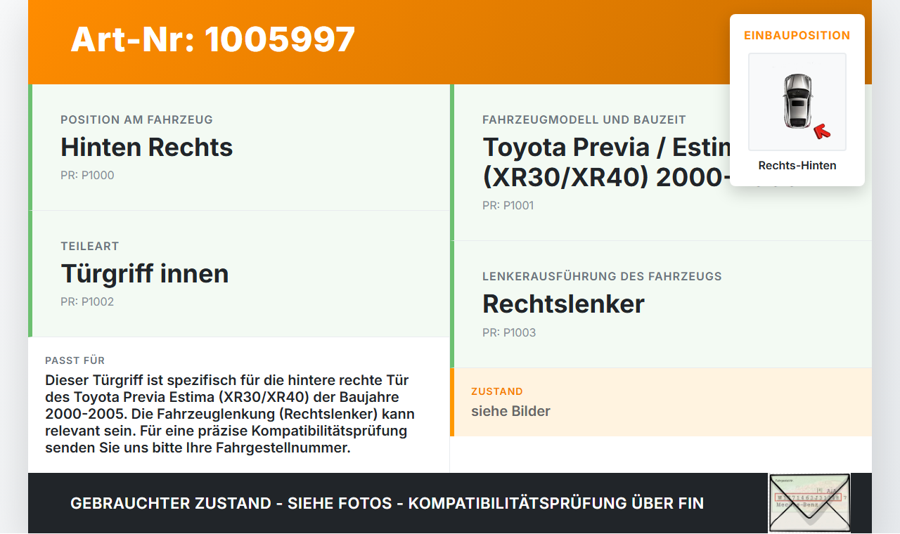 Toyota Previa Estima R3 00-05 Griff Türgriff Innen Rechts Hinten Toyota Previa Estima R3 00-05 01.07.2000 gebraucht Vorschau 3
