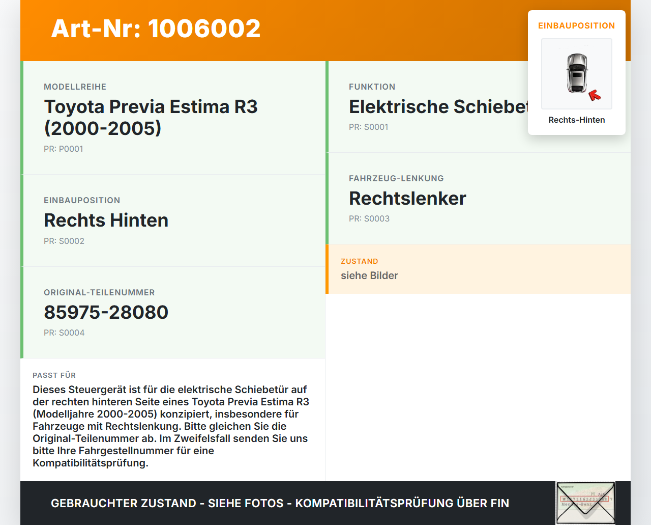 Toyota Previa Estima R3 00-05 Steuergerät ECU Modul für Elektr. Schiebetür Rechts Hinten Toyota Previa Estima R3... Vorschau 3