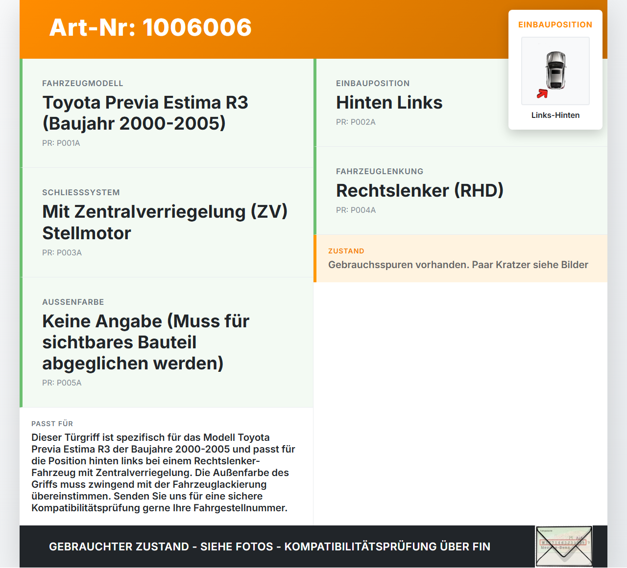 Toyota Previa Estima R3 00-05 Türgriff m. ZV Stellmotor Mechanismus Links Hinten Toyota Previa Estima R3 00-05... Vorschau 3