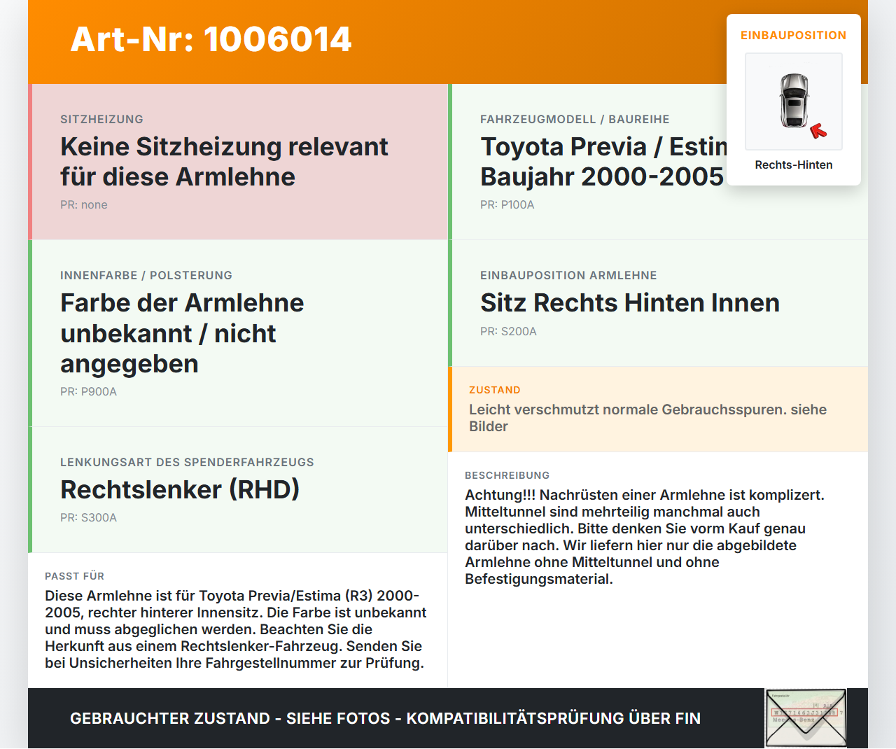 Toyota Previa Estima R3 00-05 Armlehne Auflage für Sitz Rechts Hinten Innen Toyota Previa Estima R3 00-05... Vorschau 3
