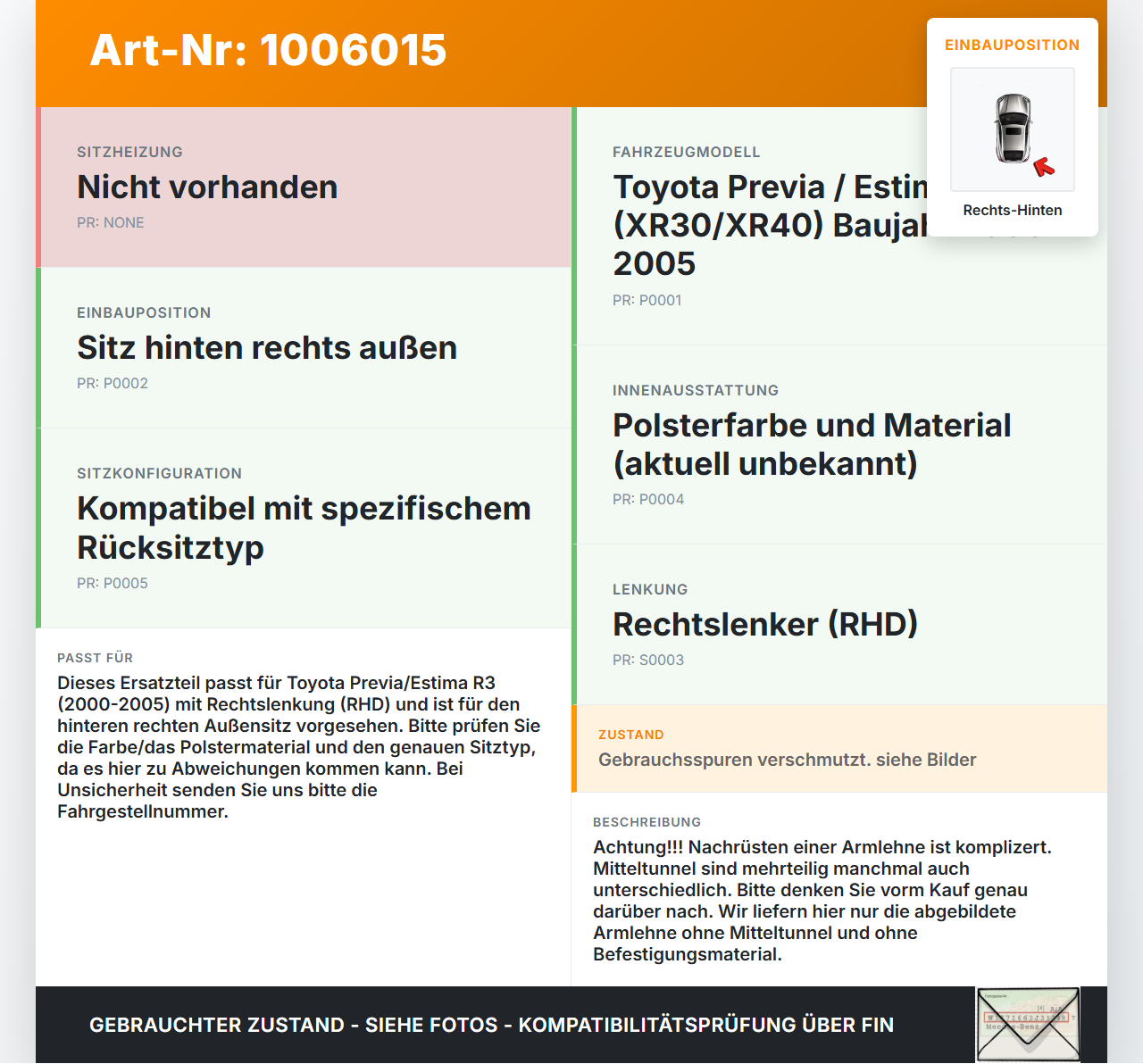 Toyota Previa Estima R3 00-05 Armlehne Auflage für Sitz Rechts Hinten Aussen Toyota Previa Estima R3 00-05... Vorschau 3