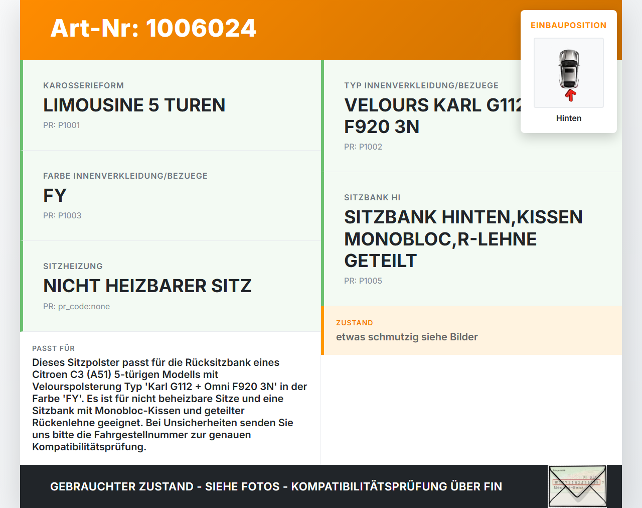 Citroen C3 II SC 09-13 5T Sitzpolster für Rücksitzbank Hinten Citroen C3 II SC 09-13 03.05.2011 892532 gebraucht Vorschau 3