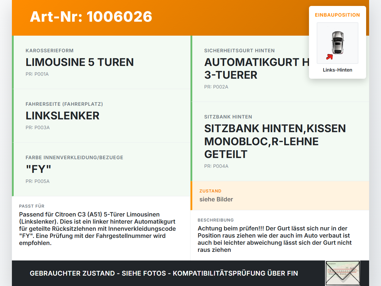 Citroen C3 II SC 09-13 5T Gurt Sicherheitsgurt Links Hinten Citroen C3 II SC 09-13 03.05.2011 34048178B 96771569XX... Vorschau 3