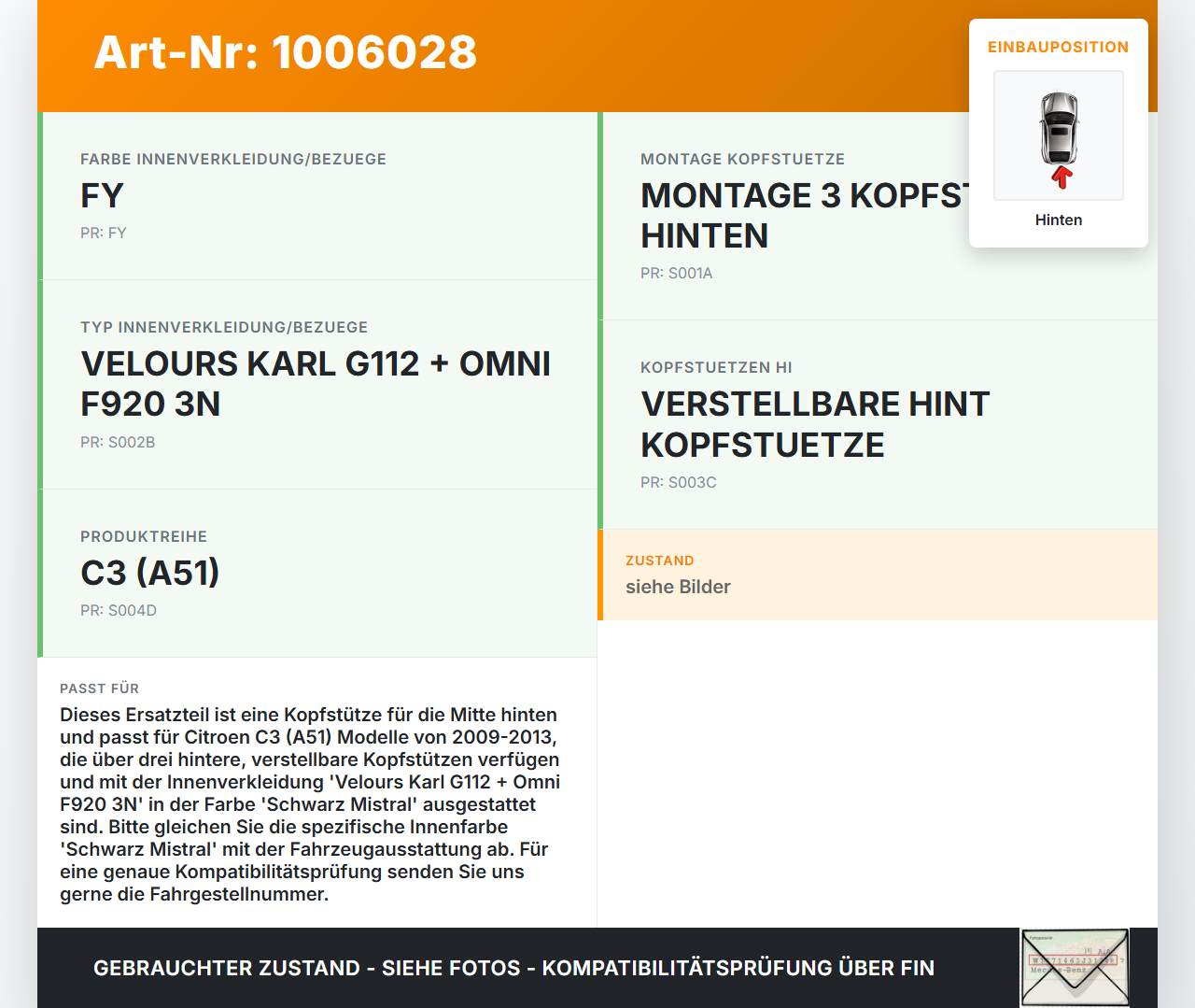 Citroen C3 II SC 09-13 Kopfstütze Mitte Hinten Schwarz Mistral Citroen C3 II SC 09-13 03.05.2011 8854GQ gebraucht Vorschau 3