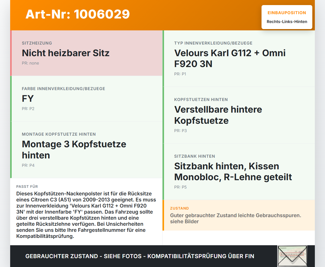 Citroen C3 II SC 09-13 Kopfstütze Rechts oder Links Hinten Citroen C3 II SC 09-13 03.05.2011 8854GQ gebraucht Vorschau 3