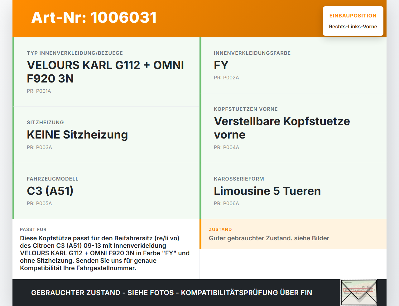 Citroen C3 II SC 09-13 5T Kopfstütze für Beifahrer Sitz Rechts oder Links Vorne Citroen C3 II SC 09-13 03.05.2011... Vorschau 3