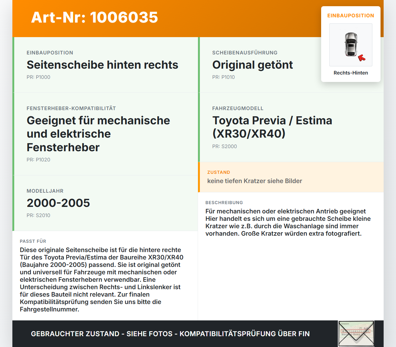 Toyota Previa Estima R3 00-05 Seitenscheibe RHK Türscheibe Rechts Hinten Orig. getönt Toyota Previa Estima R3 00-05... Vorschau 3