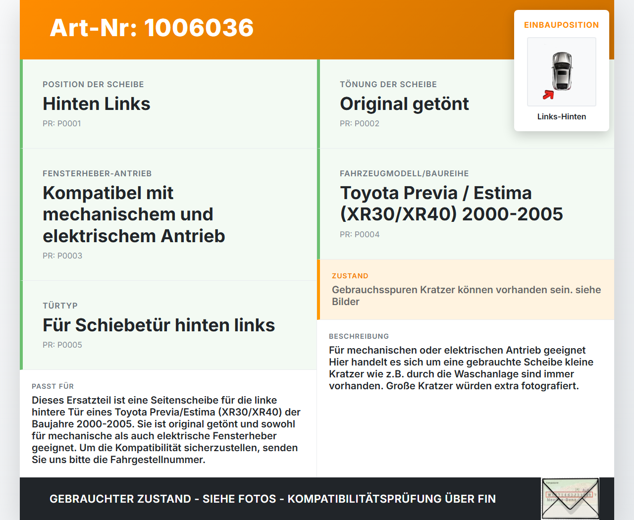 Toyota Previa Estima R3 00-05 Seitenscheibe LHK für Türscheibe Fenster Links Hinten Orig. getönt Toyota Previa... Vorschau 3