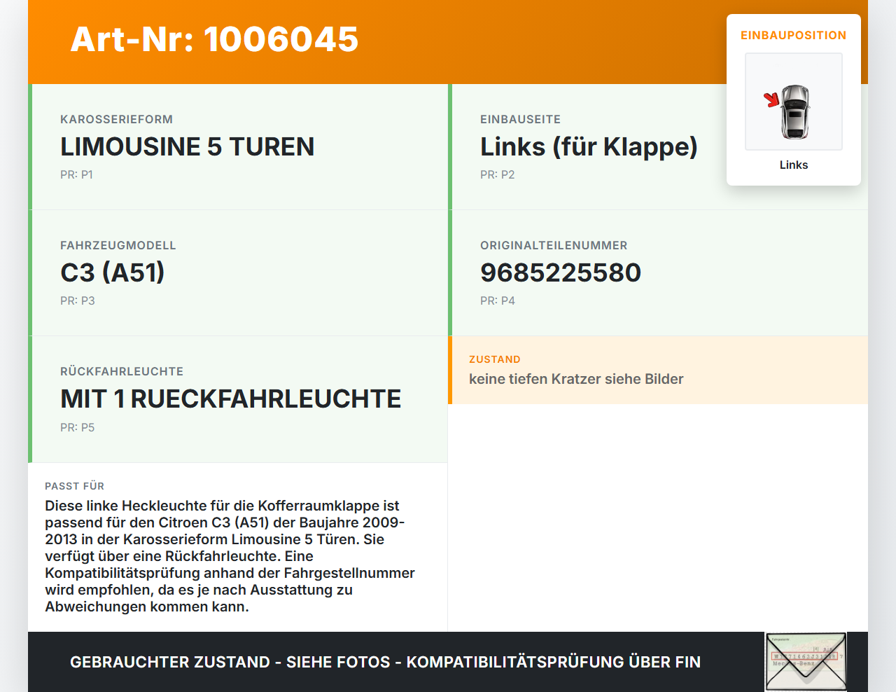 Citroen C3 II SC 09-13 5T Rückleuchte Heckleuchte für Klappe Links Citroen C3 II SC 09-13 03.05.2011 6350JC... Vorschau 3