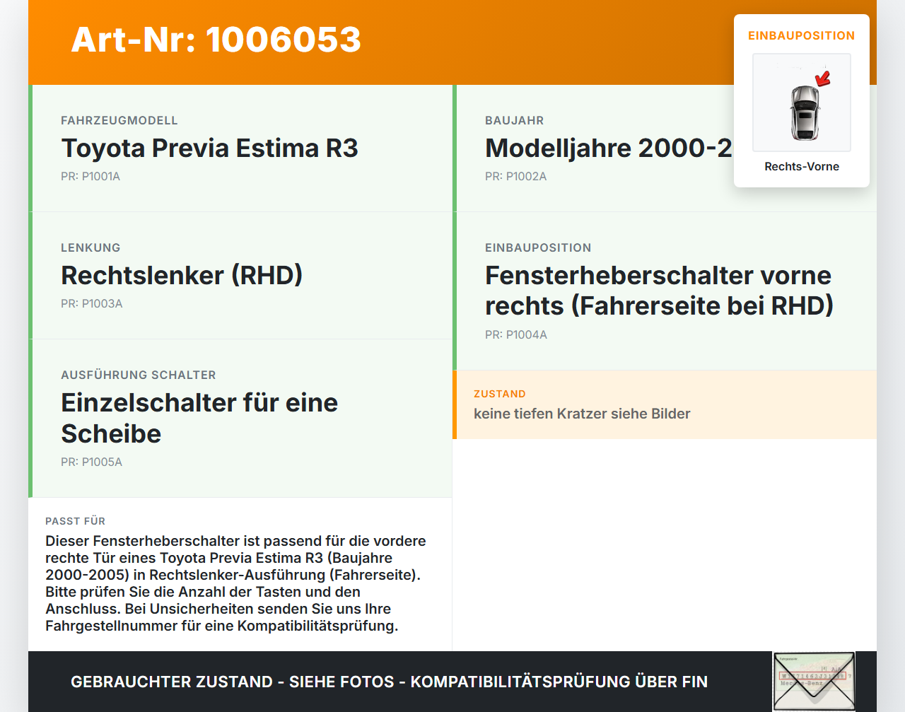 Toyota Previa Estima R3 00-05 Fensterheberschalter Schalter Rechts Vorne Toyota Previa Estima R3 00-05 01.07.2000... Vorschau 3