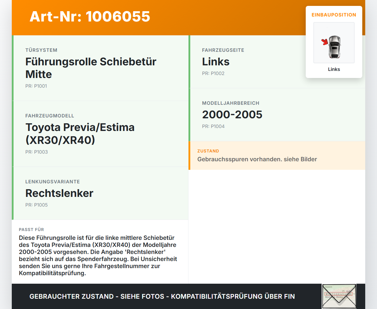Toyota Previa Estima R3 00-05 Führungsrolle für Schiebetür Links Mitte Toyota Previa Estima R3 00-05 01.07.2000... Vorschau 3