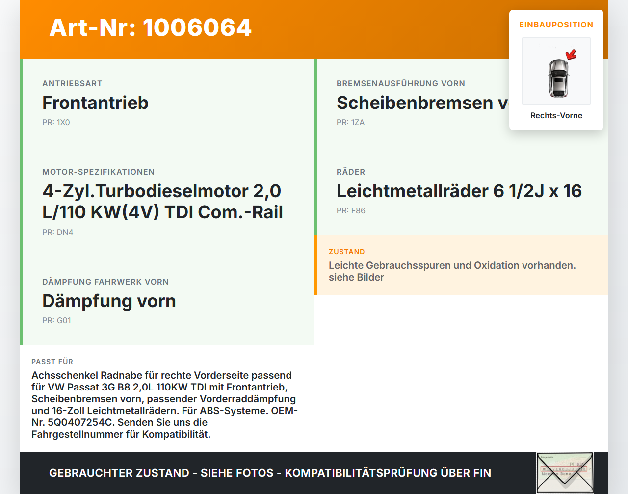 VW Passat 3G B8 14-19 2,0 110KW Achsschenkel Radnabe mit ABS Rechts Vorne VW Passat 3G B8 14-19 31.01.2018... Vorschau 3