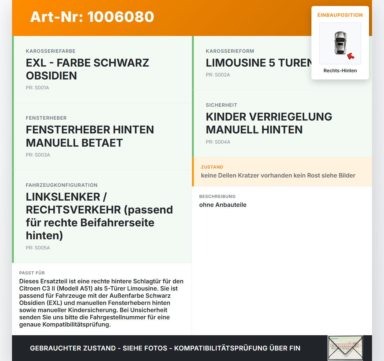 Citroen C3 II SC 09-13 5T Tür Rechts Hinten EXL Citroen C3 II SC 09-13 03.05.2011 gebraucht Vorschau 3