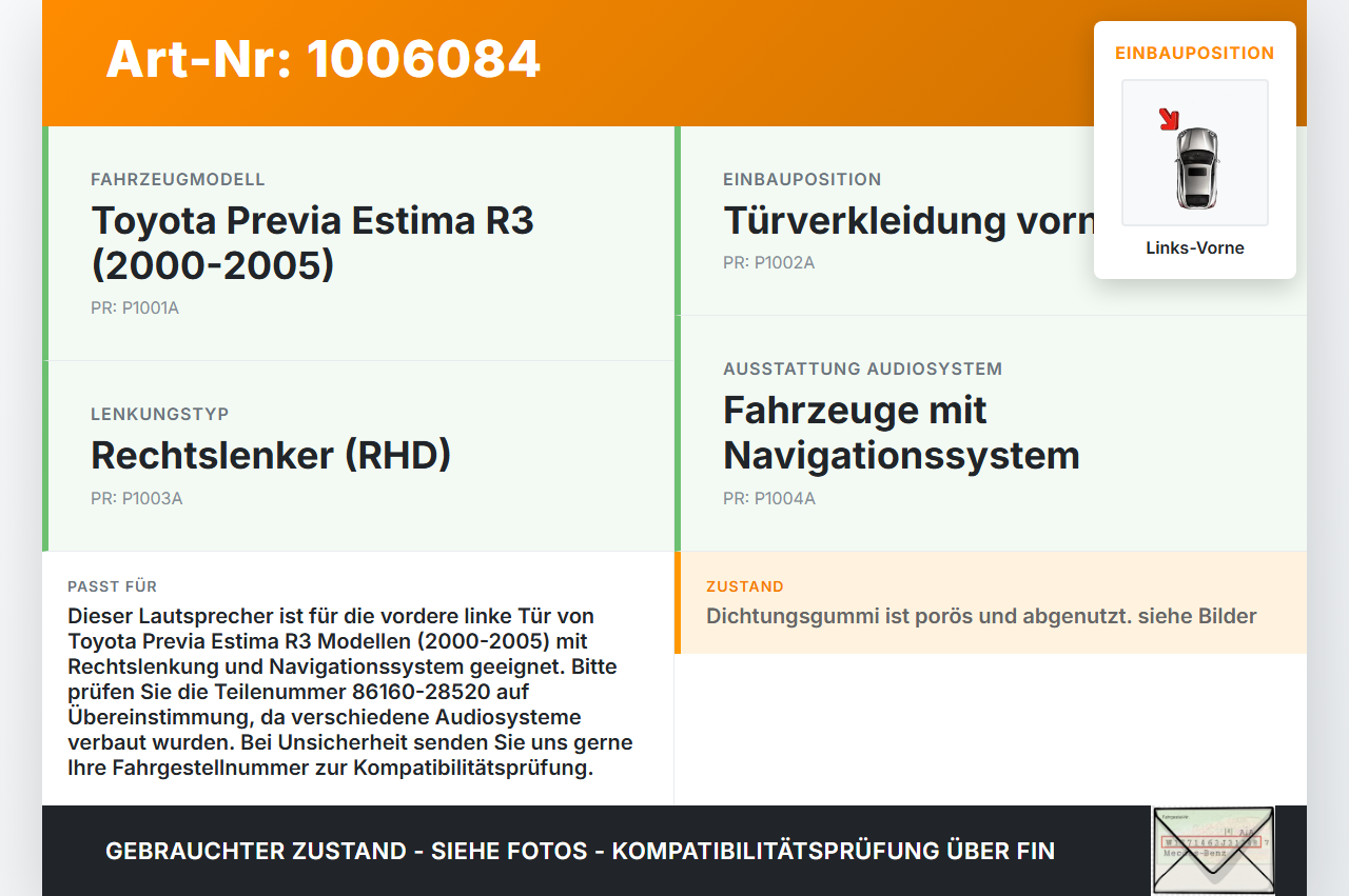 Toyota Previa Estima R3 00-05 Lautsprecher Links Vorne Toyota Previa Estima R3 00-05 01.07.2000 86160-28520... Vorschau 3