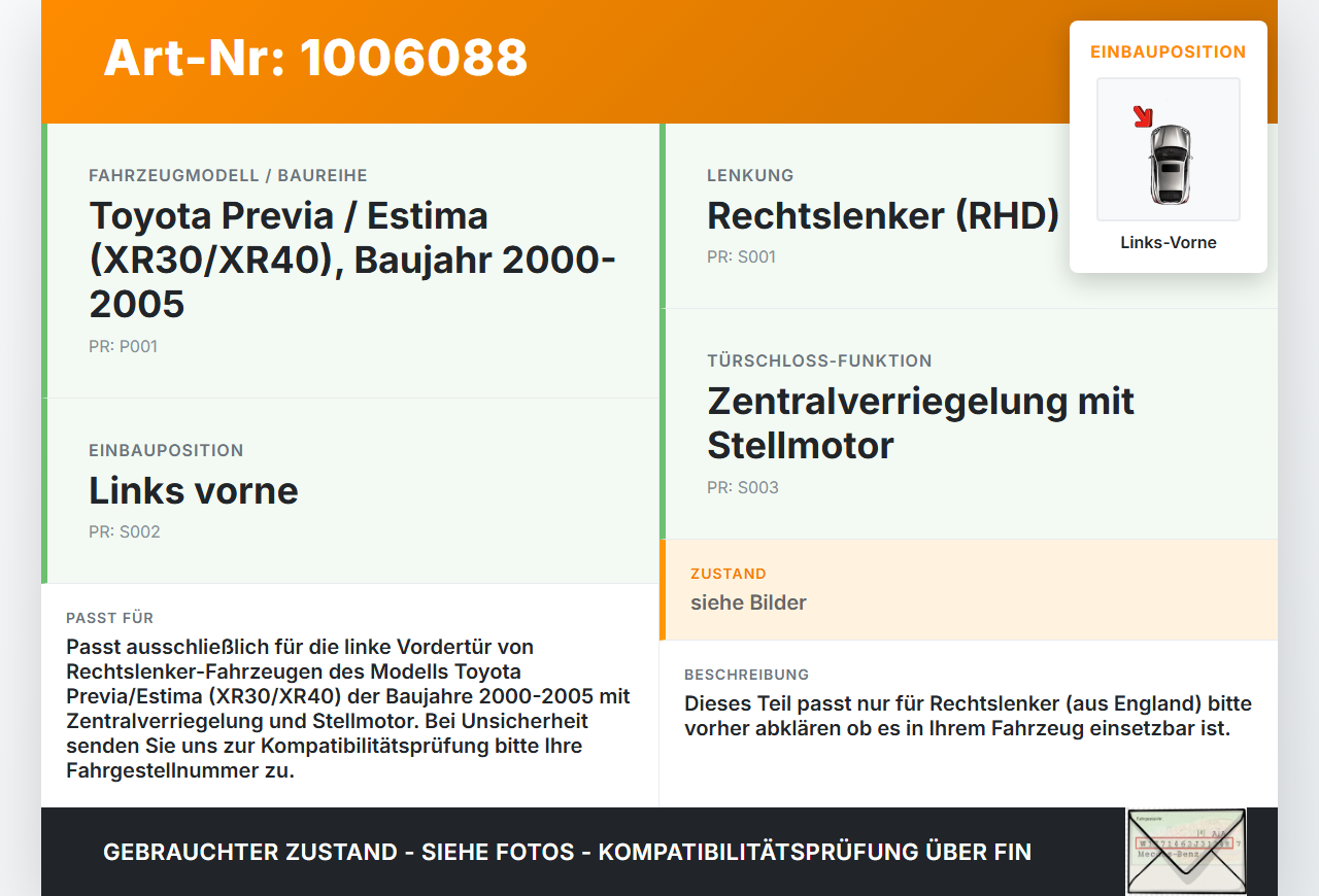 Toyota Previa Estima R3 00-05  RHD Türschloss m. ZV Stellmotor Links Vorne Toyota Previa Estima R3 00-05 01.07.2000... Vorschau 3