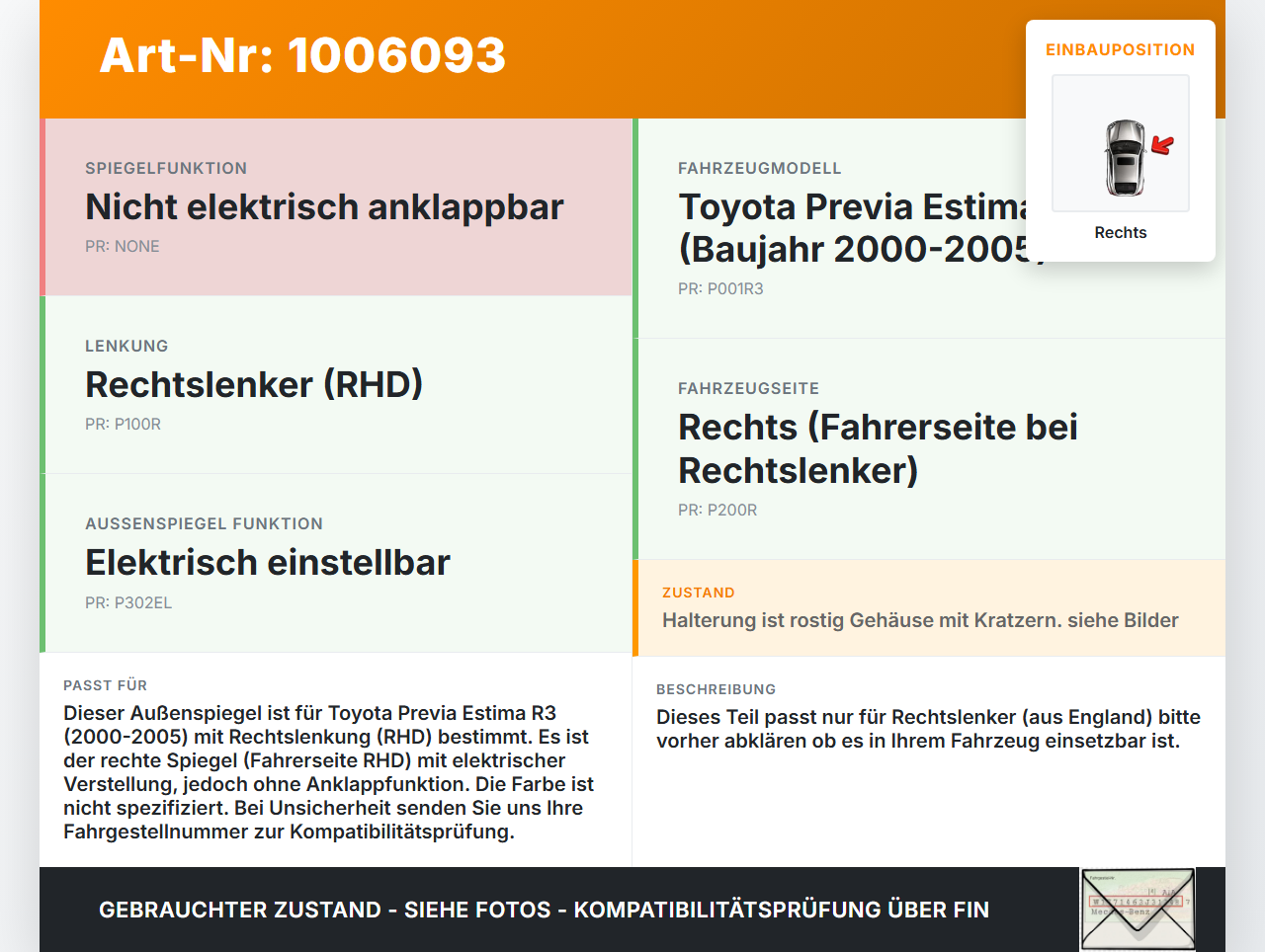Toyota Previa Estima R3 00-05 RHD Spiegel Aussenspiegel Rechts 025 Toyota Previa Estima R3 00-05 01.07.2000 gebraucht Vorschau 3
