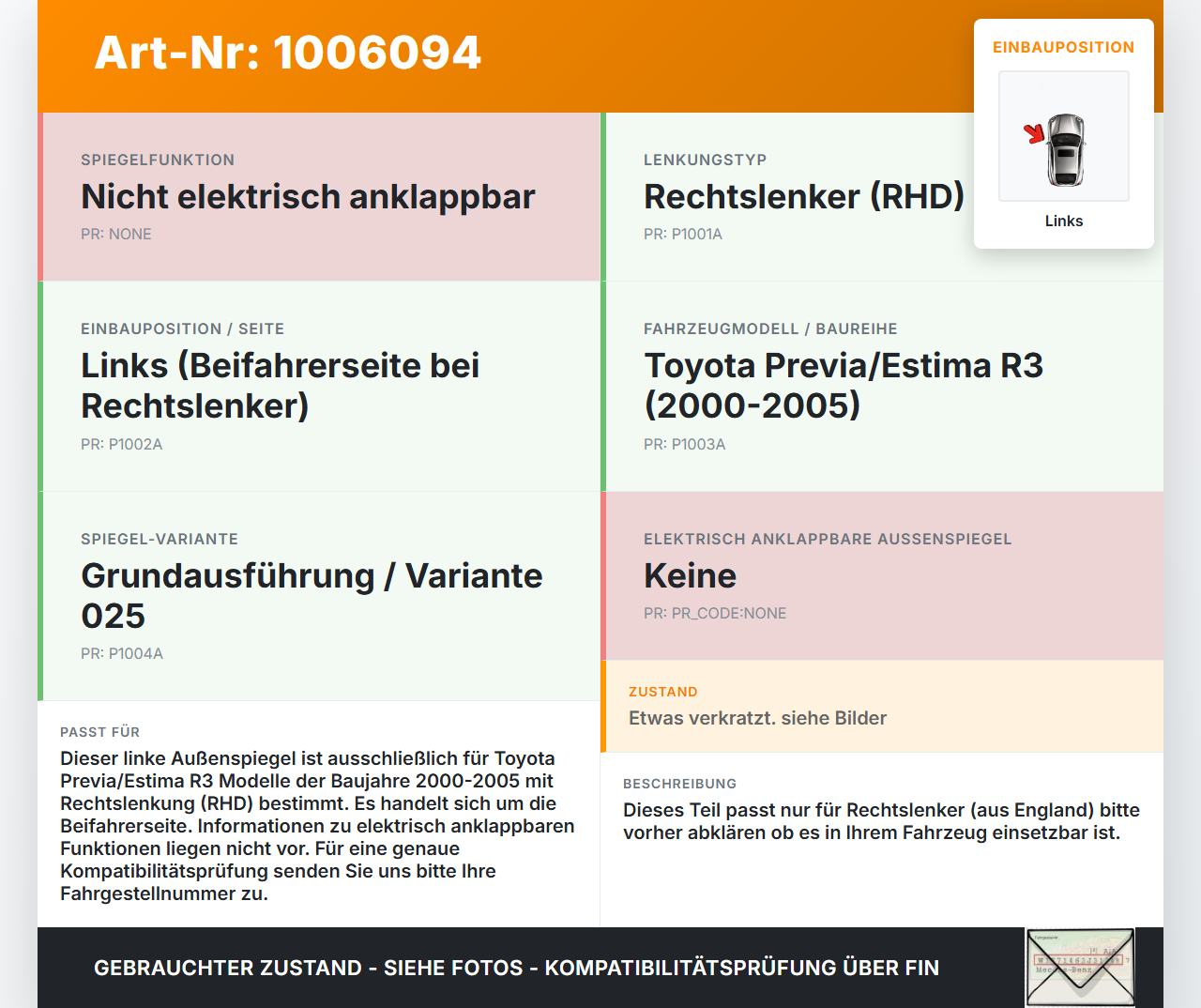 Toyota Previa Estima R3 00-05 RHD Spiegel Aussenspiegel Links 025 Toyota Previa Estima R3 00-05 01.07.2000 gebraucht Vorschau 3