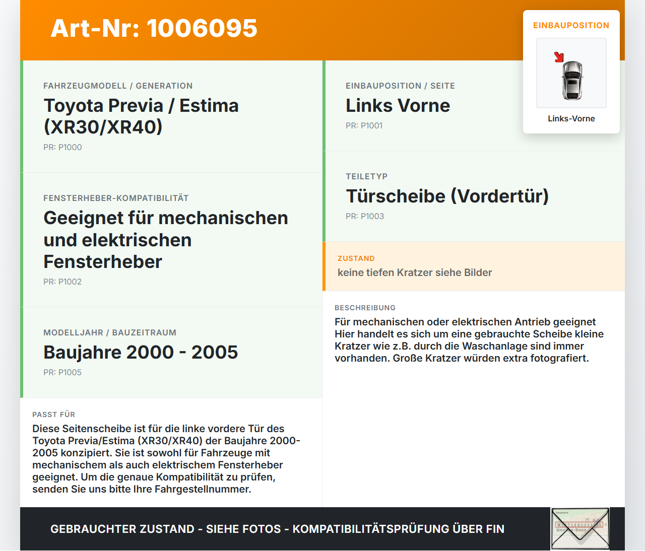Toyota Previa Estima R3 00-05 Seitenscheibe LVK Fenster Türscheibe Links Vorne Toyota Previa Estima R3 00-05... Vorschau 3