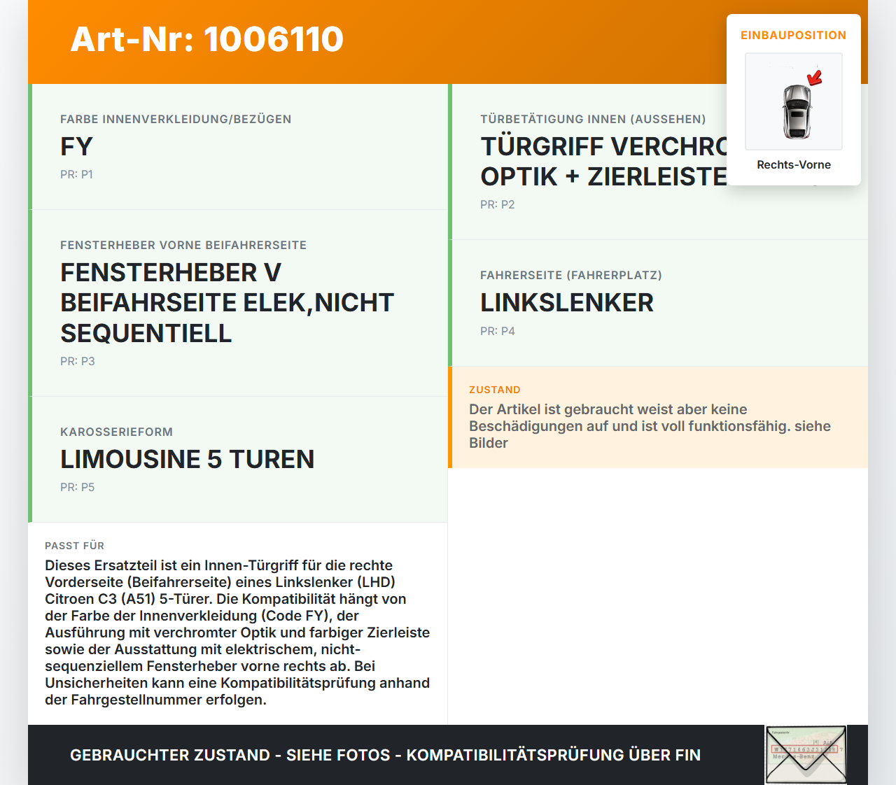 Citroen C3 II SC 09-13 5T Türgriff Griffmuschel Griff Innen Rechts Vorne Citroen C3 II SC 09-13 03.05.2011... Vorschau 3