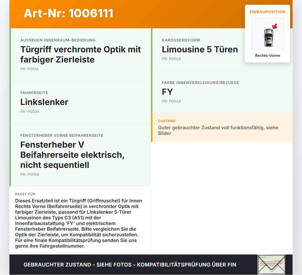 Citroen C3 II SC 09-13 5T Türgriff Griffmuschel Griff Innen Rechts Vorne Citroen C3 II SC 09-13 03.05.2011... Vorschau 3