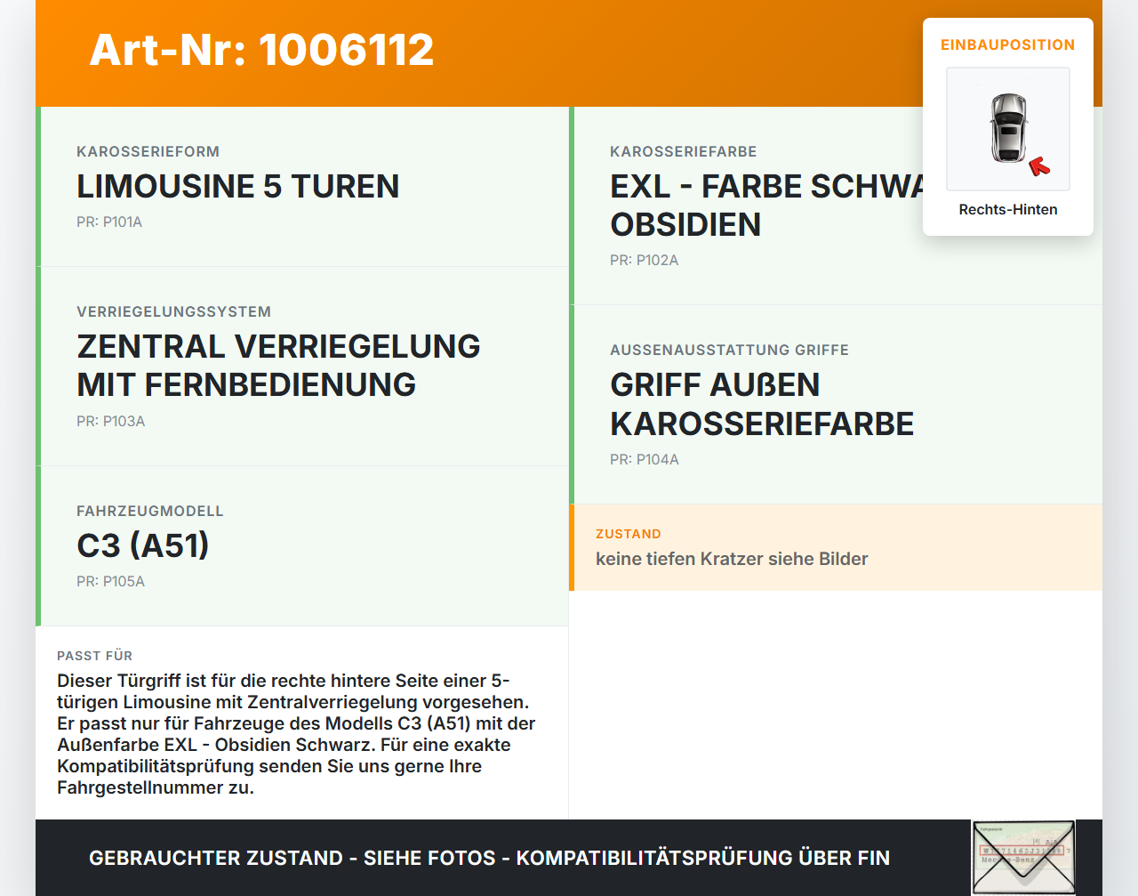 Citroen C3 II SC 09-13 5T Türgriff Griff aussen Rechts Hinten EXL Citroen C3 II SC 09-13 03.05.2011 gebraucht Vorschau 3