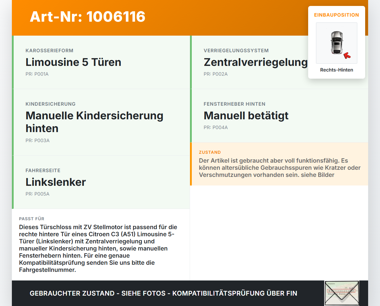 Citroen C3 II SC 09-13 5T Türschloss m. ZV Stellmotor Rechts Hinten Citroen C3 II SC 09-13 03.05.2011 732315 A04096... Vorschau 3