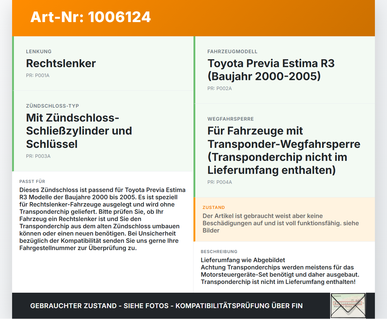 Toyota Previa Estima R3 00-05 Schliesszylinder Zündschloss Schlüssel Schliessanlage Toyota Previa Estima R3 00-05... Vorschau 3