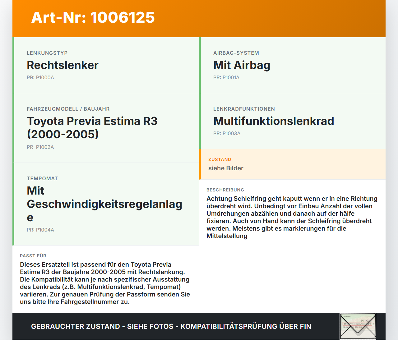 Toyota Previa Estima R3 00-05 Airbag Schleifring Wickelfeder für Lenkrad Toyota Previa Estima R3 00-05 01.07.2000... Vorschau 3